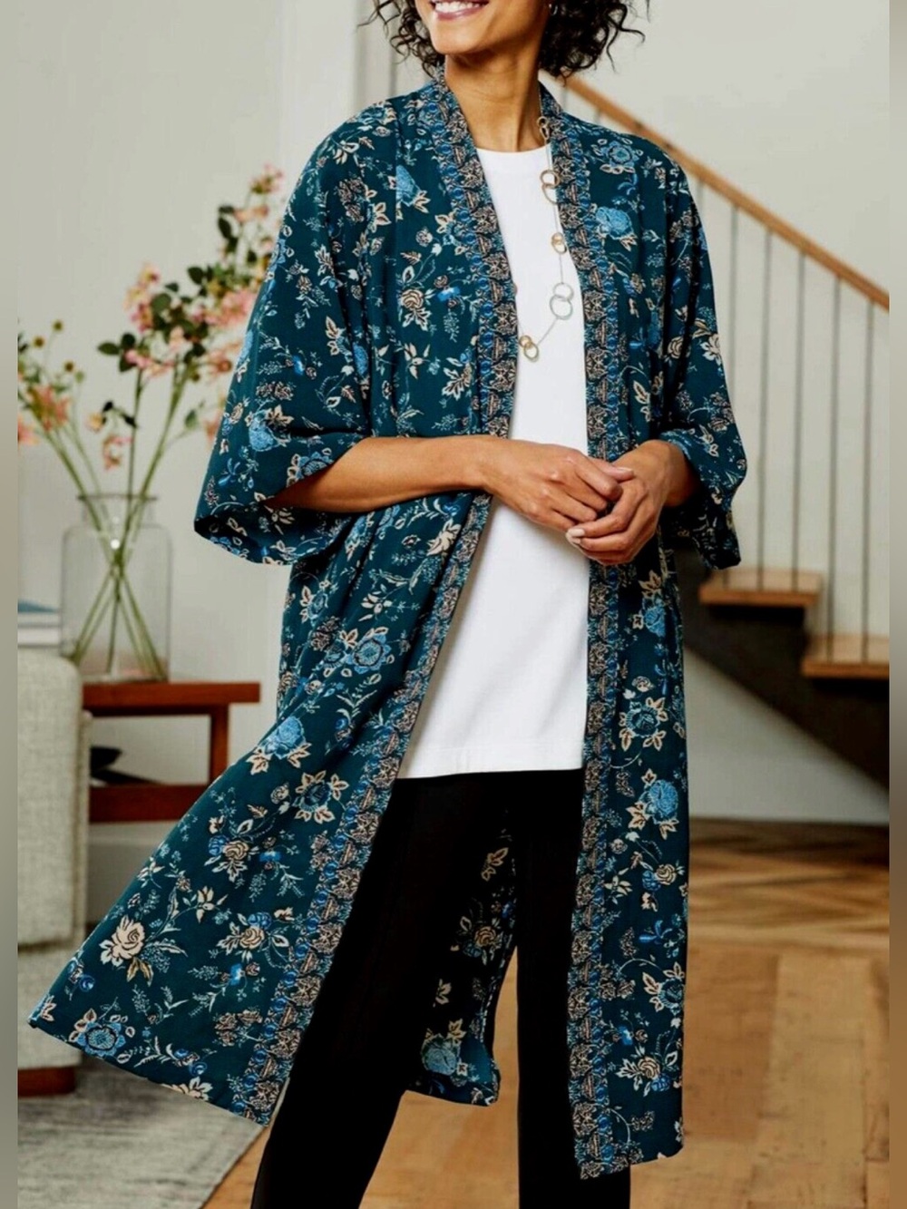 J. Jill Teal Floral Kimono Cardigan Open Front Boho Lightweight Duster One Size